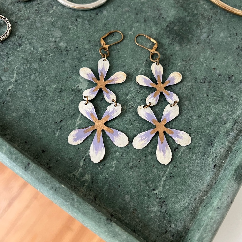 Gold and Purple Floral Earrings with Dangle Design